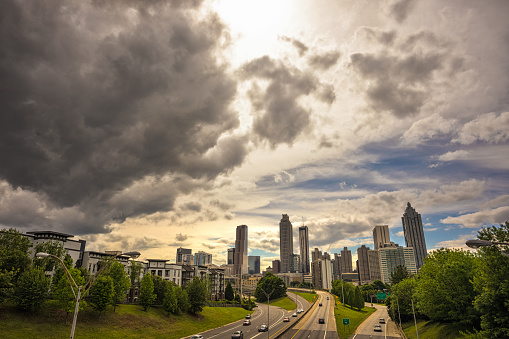 dramatic clouds over Atlanta skyline