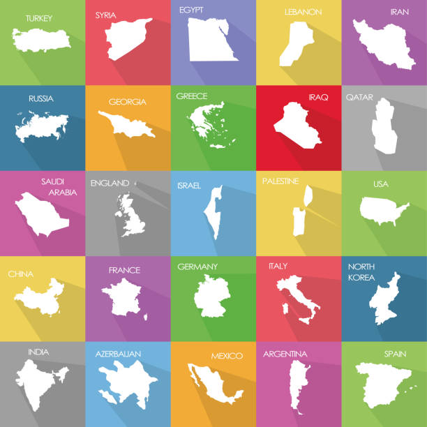 векторная иллюстрация, установленная с упрощенными картами некоторых государств (стран). белые силуэты на сплошном цветном фоне. политичес - saudi arabia argentina stock illustrations