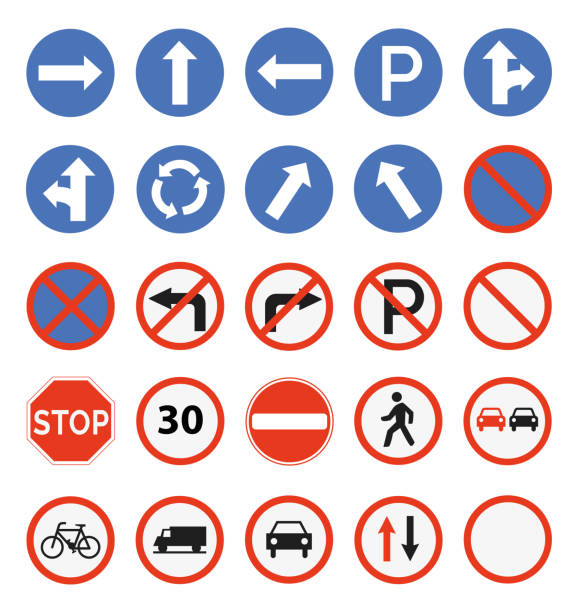 illustrazioni stock, clip art, cartoni animati e icone di tendenza di semafori. regolatore, avvertimento, velocità limite autostradale, simboli di area limitata e vettore segni di carattere guida raccolta illustrazioni per grafica e web design - one way street sign