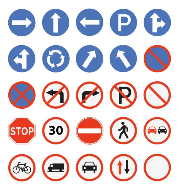 Vector illustration of Traffic road signs set. Regulatory, warning, highway limit speed, restricted area symbols and guide character signs vector Illustration collection for graphic and web design