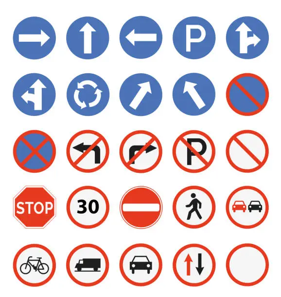 Vector illustration of Traffic road signs set. Regulatory, warning, highway limit speed, restricted area symbols and guide character signs vector Illustration collection for graphic and web design.