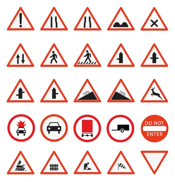 Vector illustration of Traffic road signs set. Regulatory, warning, highway limit speed, restricted area symbols and guide character signs vector Illustration collection for graphic and web design.