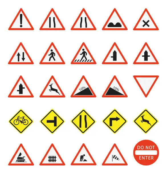 Vector illustration of Traffic road signs set. Regulatory, warning, highway limit speed, restricted area symbols and guide character signs vector Illustration collection for graphic and web design. traffic road signs and warning hazard symbols labels set. Regulat