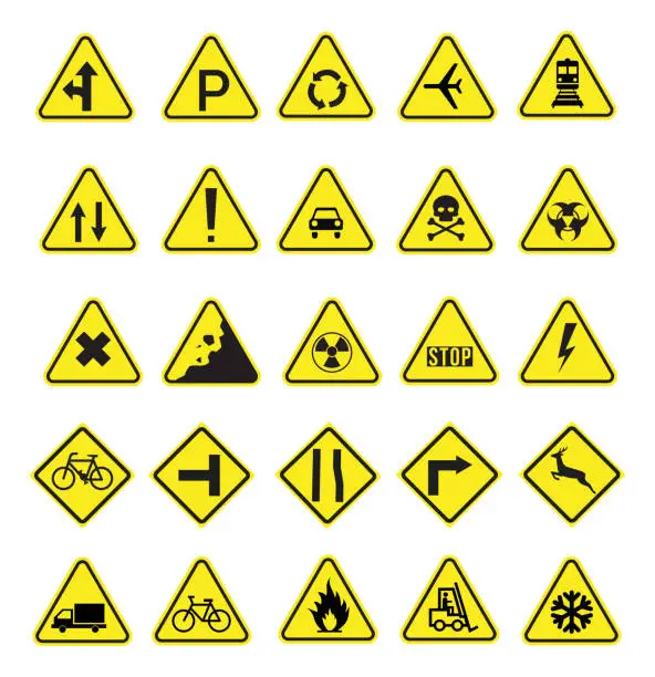Vector illustration of Yellow colored traffic road signs and warning hazard symbols labels set. Regulatory, warning, highway limit speed, restricted area symbols and guide character signs vector Illustration collection for graphic and web design.