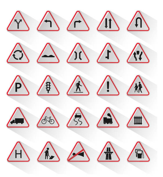 verkehrszeichen gesetzt. regulatorische, warnung, autobahn-limit-geschwindigkeit, eingeschränktflächensymbole und leitzeichen vektor illustration sammlung für grafik und web-design - two way traffic stock-grafiken, -clipart, -cartoons und -symbole