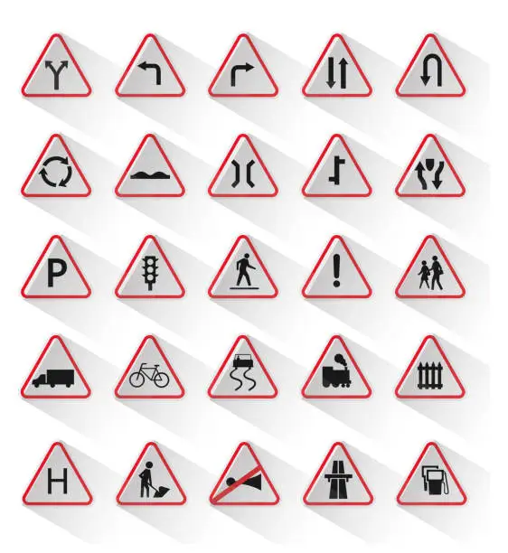Vector illustration of Traffic road signs set. Regulatory, warning, highway limit speed, restricted area symbols and guide character signs vector Illustration collection for graphic and web design