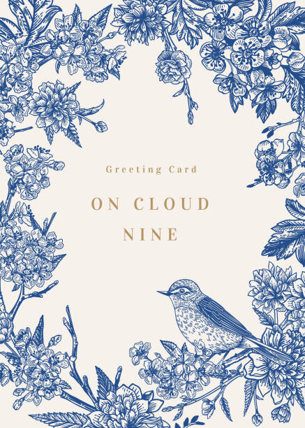 Floral frame with bird. Blue. Floral frame with branches of garden trees and a bird. Blooming spring. Vector botanical illustration. Blue. botany stock illustrations