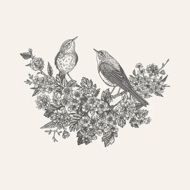 Vector illustration of Composition with flowering trees and birds.
