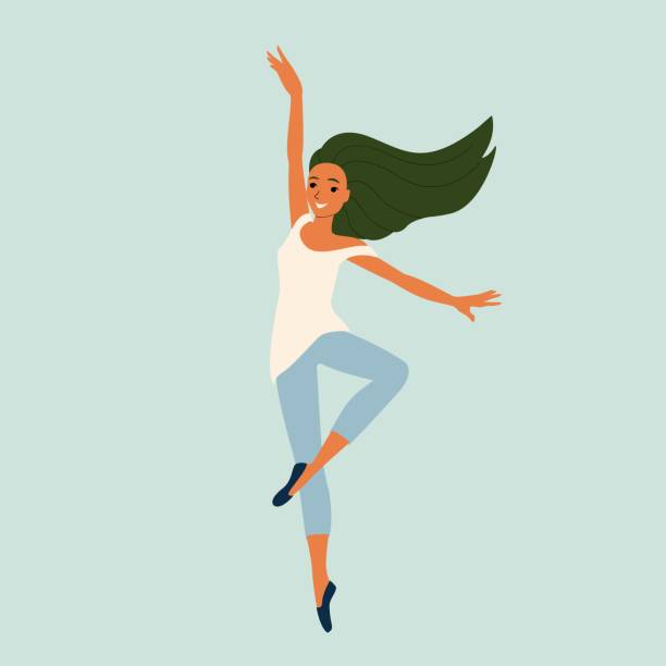 młoda dziewczyna tańcząca taniec nowoczesny, tancerka w pełnej wdzięku pozie, kobieca postać w stylu kreskówki, ilustracja wektorowa, izolat - ballet dancer dancing performer stock illustrations