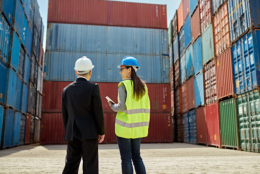 Rear view of male executive in suit and tie and female supervisor in reflective vest, both in hardhats, interacting amidst stacked shipping containers.