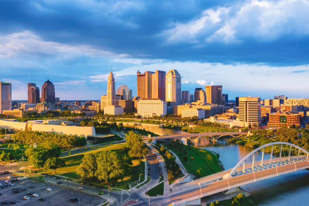 Aerial view of Downtown Columbus Ohio with Scioto river during sunset stock photo
