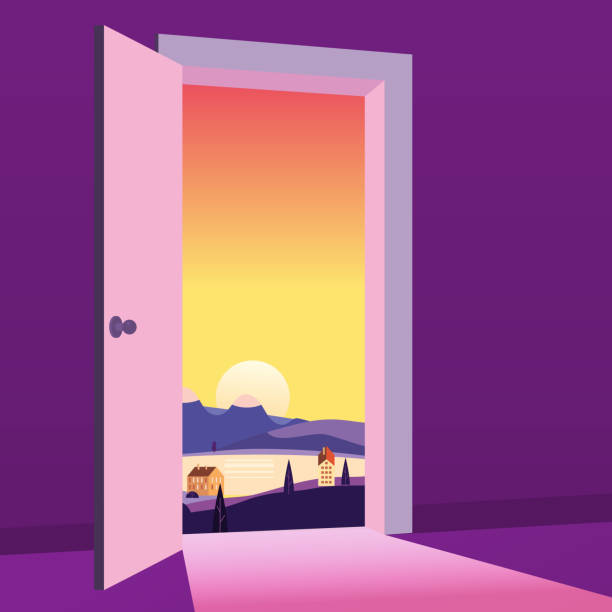 istock Open Door to nature way. Landscape sunset sea town, symbol freedom, new way exit, discovery, opportunities. Motivation concept to real world. Vector illustration cartoon style poster banner 1318779302