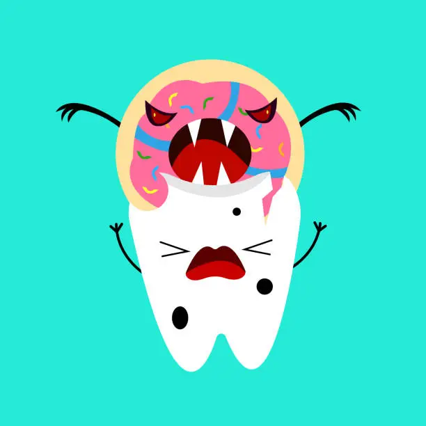 Vector illustration of donut cartoon character monster with sharp fangs destroys white tooth object on blue background