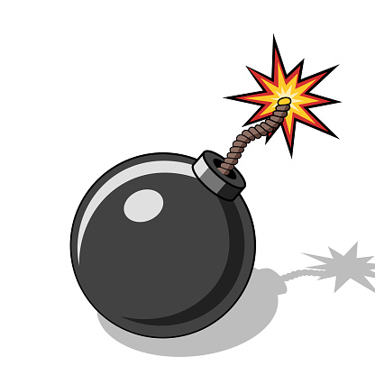 Cartoon bomb icon with burning wick and shadow on white background. Vector illustration