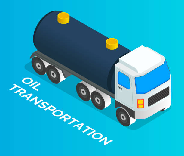 Isolated icon of lorry with oil, oil transportation with vehicle, isometric 3d illustration Oil petroleum industry concept. Transportation oil with truck or lorry. Isolated vehicle at blue background. Transport filled with petroleum. Isometric cartoon 3d illustration. Commercial delivery tank truck stock illustrations