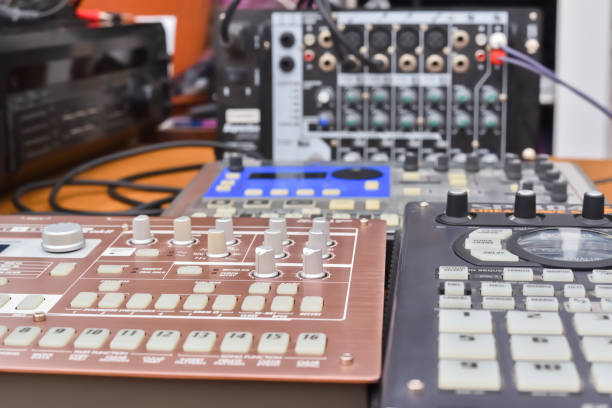 istock Professional analog synthesizers, drum machine and sampler for creating electronic music. Equipment and devices for musicians for electronic music production and live performances. 1318783319