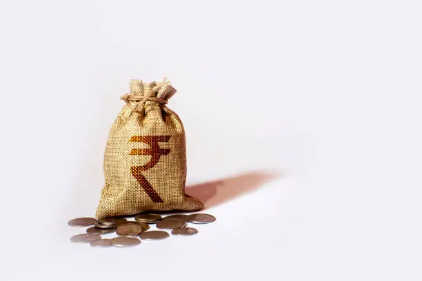 Money bag with rupee symbol isolated on white background