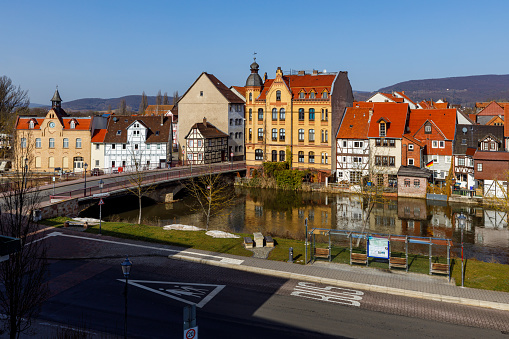 Eschwege, Hesse, Germany - February 23, 2021: The city of Eschwege with the Werra River in Hesse Germany