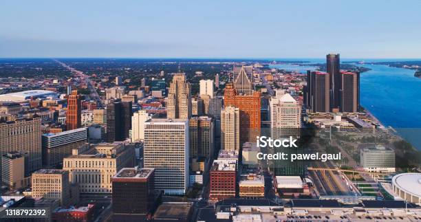 Detroit Michigan Downtown Skyline Aerial Sunset Stock Photo - Download Image Now - Detroit - Michigan, Urban Skyline, Michigan