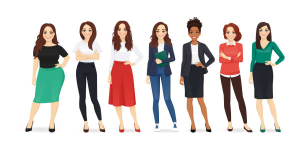 ilustraciones, imágenes clip art, dibujos animados e iconos de stock de mujeres de negocios elegantes - businesswoman skirt isolated standing