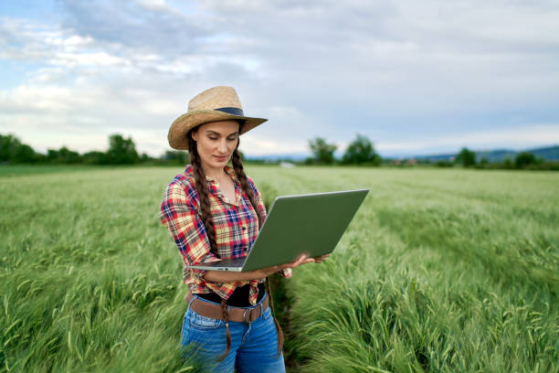 istock Female farm agronomist checking an agricultural field using laptop 1318792887