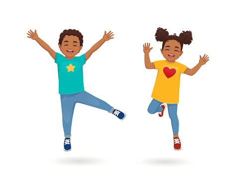 Happy african cute kids little boy and girl jumping together isolated vector illustration