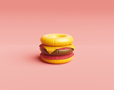 Minimalist illustration of a pool float burger with towels replacing the cheese and sauce. summer and food concept. 3d render