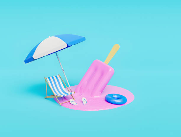 glace aux fraises fondue avec accessoires de plage - toy umbrella photos et images de collection