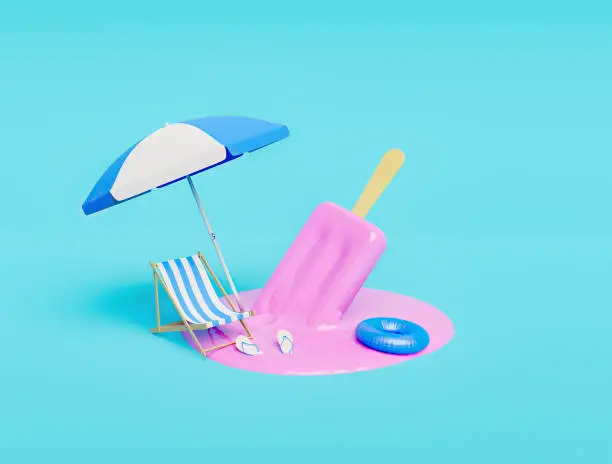 minimalistic scene of a melted strawberry ice cream with pastel colored beach accessories. summer concept. 3d render