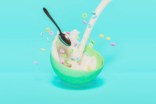 Ceramic bowl with splashes of milk and cereal falling with pastel colors and a spoon floating in the air. 3d render