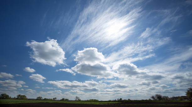 paesaggio con cielo blu e nuvole bianche - cirrostratus foto e immagini stock