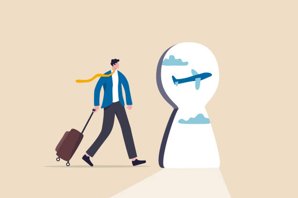 ilustrações de stock, clip art, desenhos animados e ícones de air travel and tourism hope to return after covid-19 coronavirus outbreak concept, businessman traveller with luggage walk in the airport looking at keyhole with flying airplane outside. - hope