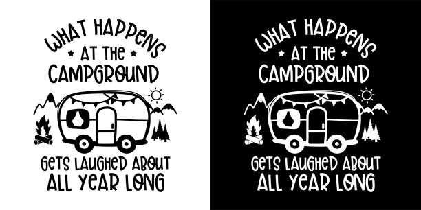 что происходит в кемпинге получает смеялись о весь год долго изолированы на белом и черном фоне. кампер и путешествия концепция дизайна. - mobile home camping isolated vehicle trailer stock illustrations