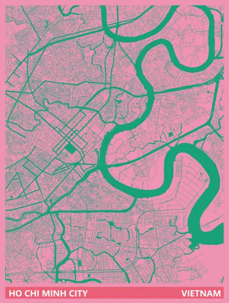 Vector illustration of art  illustration style map,Ho Chi Minh city,vietnam