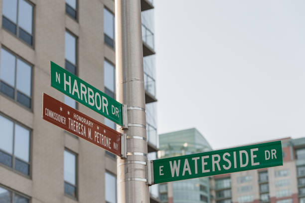 istock Chicago Road Sign N Harbor E Waterside. Illinois. 1318801576