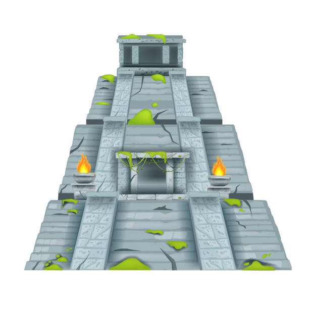 istock Maya pyramid, vector Aztec stone temple, ancient jungle ruin illustration isolated on white, moss, fire. 1318801725