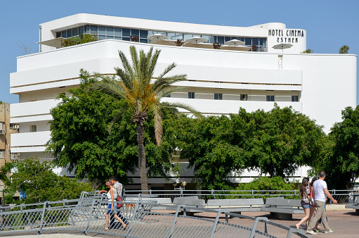 Tel Aviv, Israel - May 17, 2018: The Cinema Hotel, a Bauhaus architecture building at Dizengoff Square. Tel Aviv has the largest number of buildings in the Bauhaus / International Style of any city in the world.