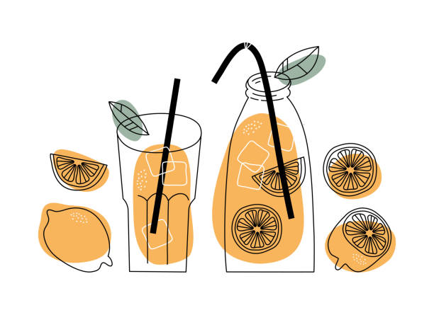 ilustrações de stock, clip art, desenhos animados e ícones de fresh lemonade and it's ingredients in doodle sketch style. - water with glass cocktail