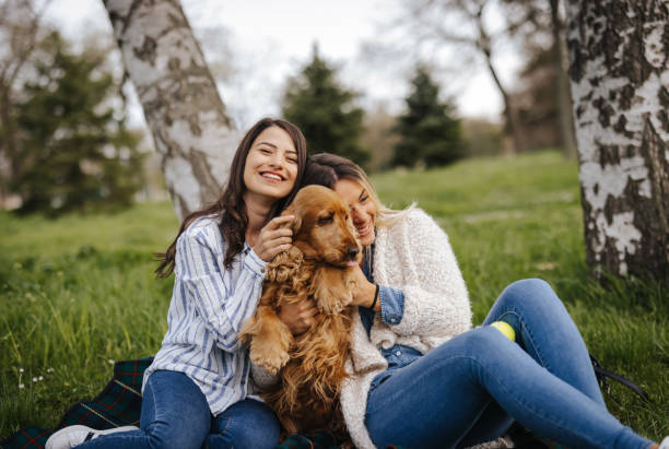 istock Young couple with dog in spring park 1318805755