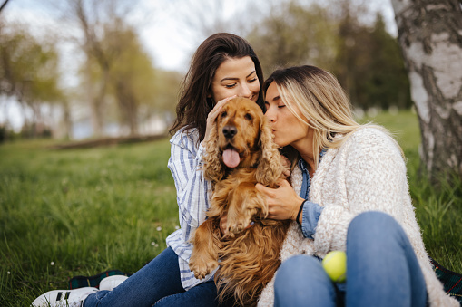 Happy young lesbian couple sitting on picnic blanket in park and kissing their dog