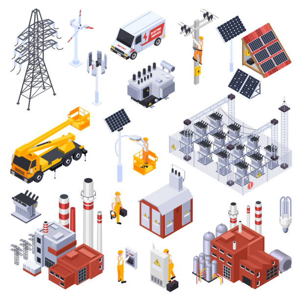 ilustrações de stock, clip art, desenhos animados e ícones de electricity isometric icons set - solar power station solar panel energy electrician