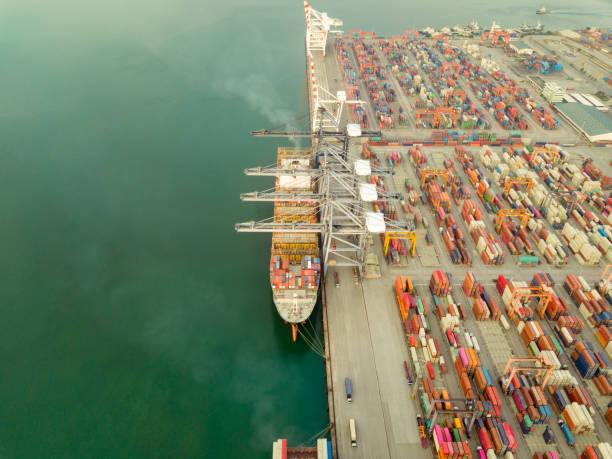 istock Aerial drone view above dockyard. Cargo vessel is loading containers. 1318808406