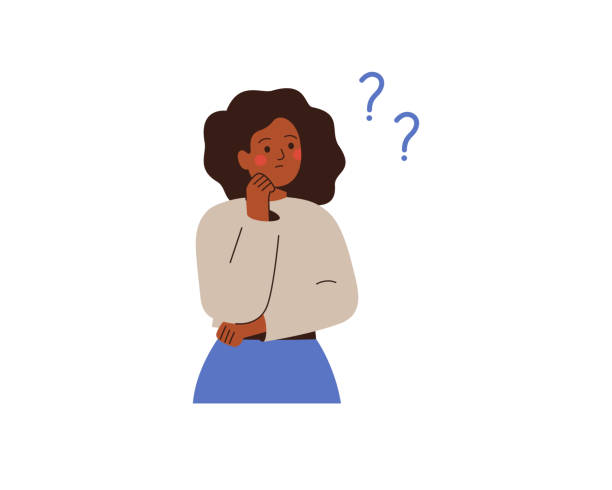 ilustraciones, imágenes clip art, dibujos animados e iconos de stock de la empresaria negra piensa en algo y mira los signos de interrogación. una niña africana reflexiva toma la decisión o explica algunas cosas por sí misma. - only women illustrations
