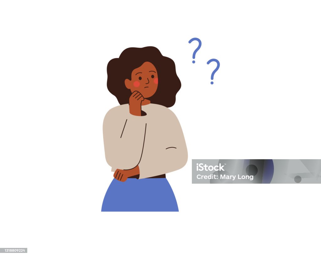 Femme d’affaires noire pense à quelque chose et regarde les points d’interrogation. Fille africaine réfléchie prend la décision ou explique certaines choses pour elle-même. - clipart vectoriel de Contemplation libre de droits Femme d’affaires noire pense à quelque chose et regarde les points d’interrogation. Fille africaine réfléchie prend la décision ou explique certaines choses pour elle-même. - clipart vectoriel de Contemplation libre de droits