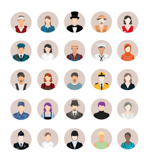 A group of cartoon worker characters with different professions. Businessmen and Business women avatars design. A group of cartoon worker characters with different professions. Businessmen and Business women avatars design. Portraits of successful young professions person character in uniform vector stock illustration. Professions icons set. Vector illustration in flat style nurse smock stock illustrations