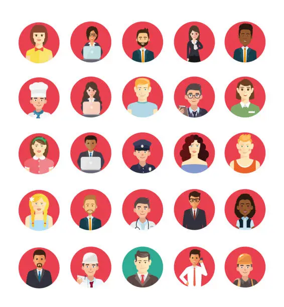 Vector illustration of A group of cartoon worker characters with different professions. Businessmen and Business women avatars