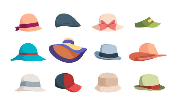 Hats. Fashioned head clothes summer caps and hats for woman garish vector illustrations collection isolated Hats. Fashioned head clothes summer caps and hats for woman garish vector illustrations collection isolated. Traditional clothes straw, headdress and fedora hat illustrations stock illustrations