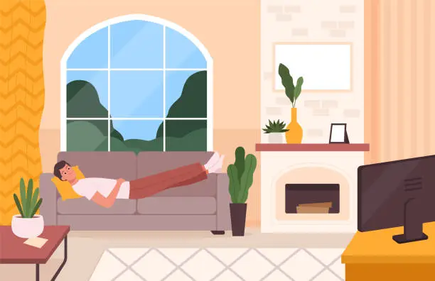 Vector illustration of Man on couch. Sofa in living room place for relax in modern interior person alone home sleeping on soft coach nowaday vector background illustration