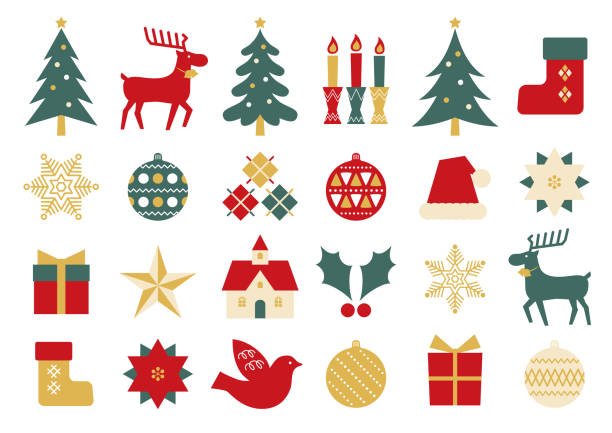 illustrazioni stock, clip art, cartoni animati e icone di tendenza di carino set di icone piatte di natale - christmas