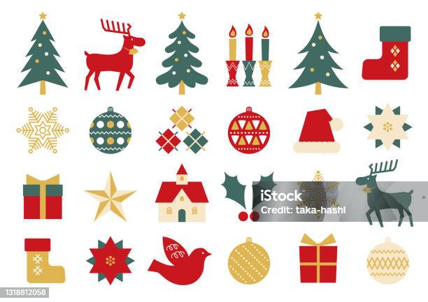 Leuke Kerstmis Platte Pictogrammen Set Stockvectorkunst en meer beelden van Kerstmis - Kerstmis, Pictogram, Kerstboom